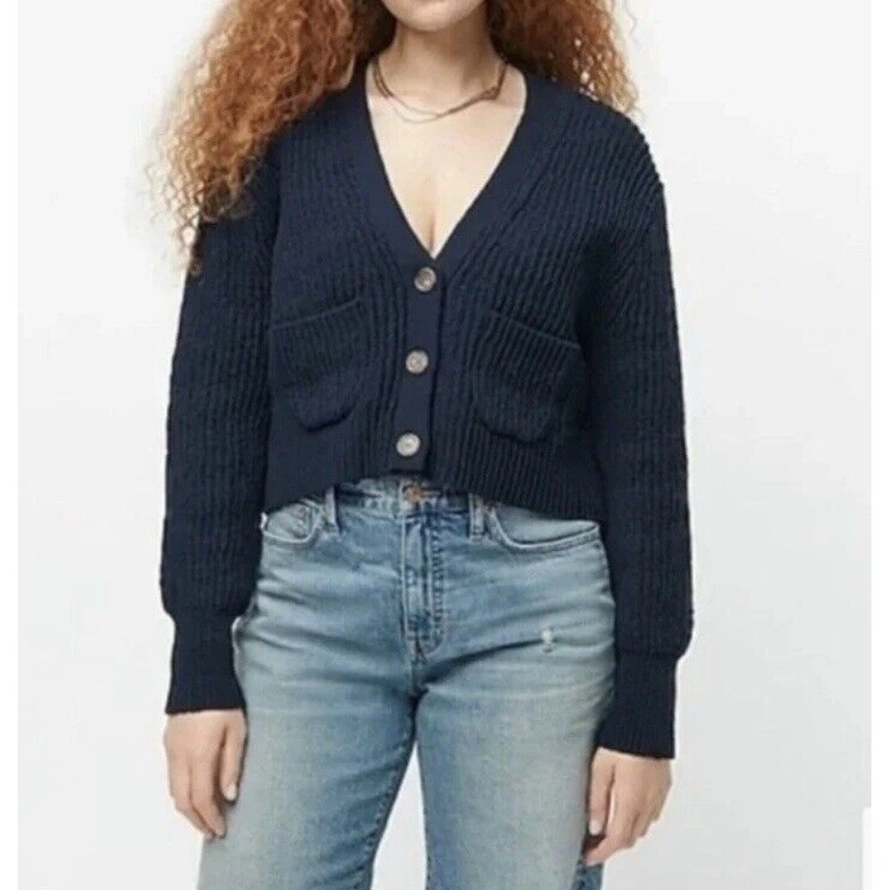 J. Crew Cropped Patch Pocket Beach Cardigan Sweater Navy Size Medium AY828